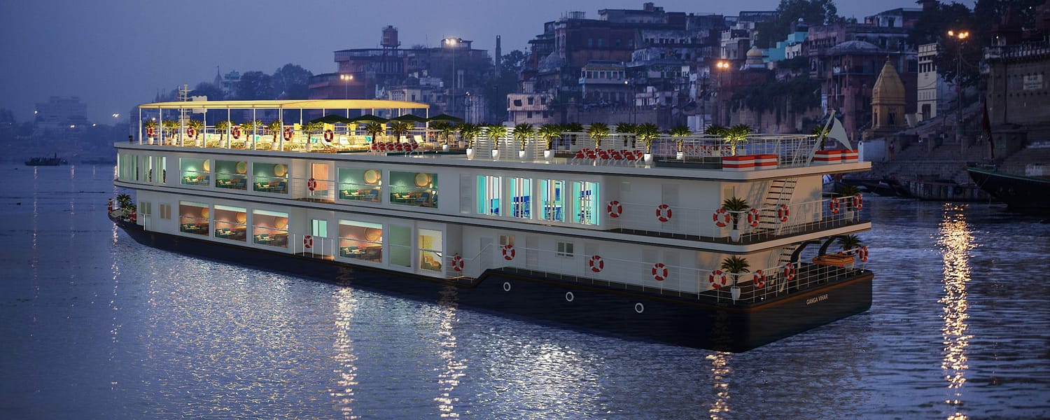 The Ganga Vilas cruise ship sailing on the Ganga river in India.